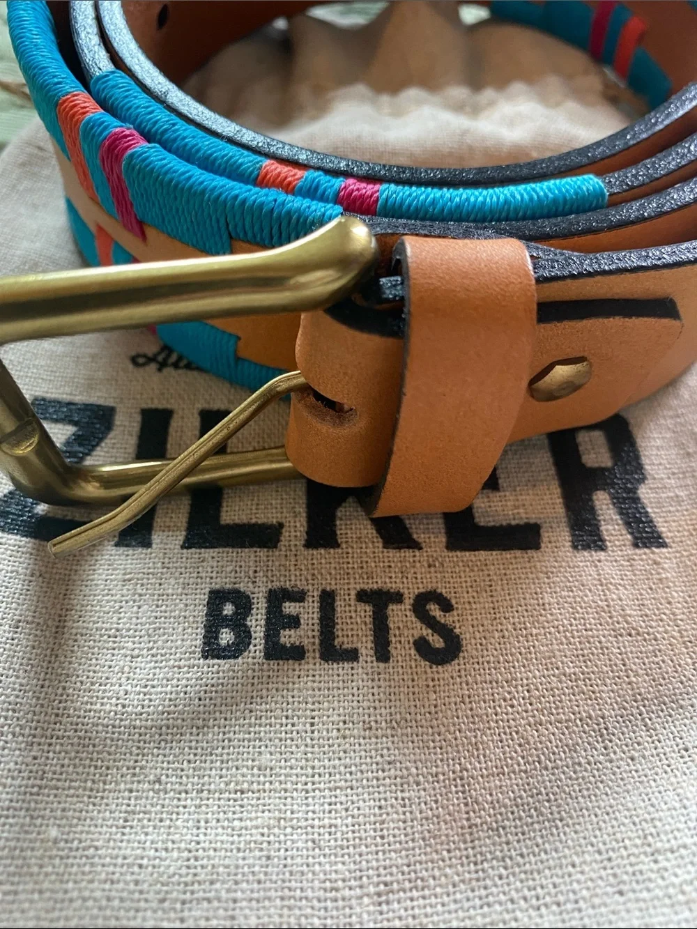 Zilker Tan Leather Belt with Turquoise Wrap Accent